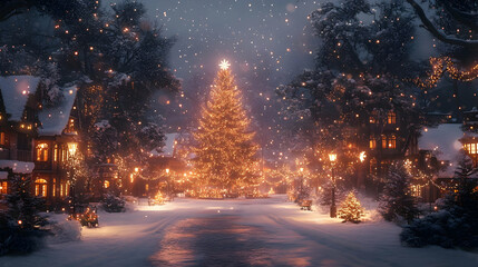 Snowy Christmas Town Illustration - Festive Holiday Lights, Winter Wonderland, Cozy Village Scene