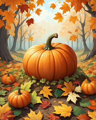 Pumpkin surrounded by fall leaves
