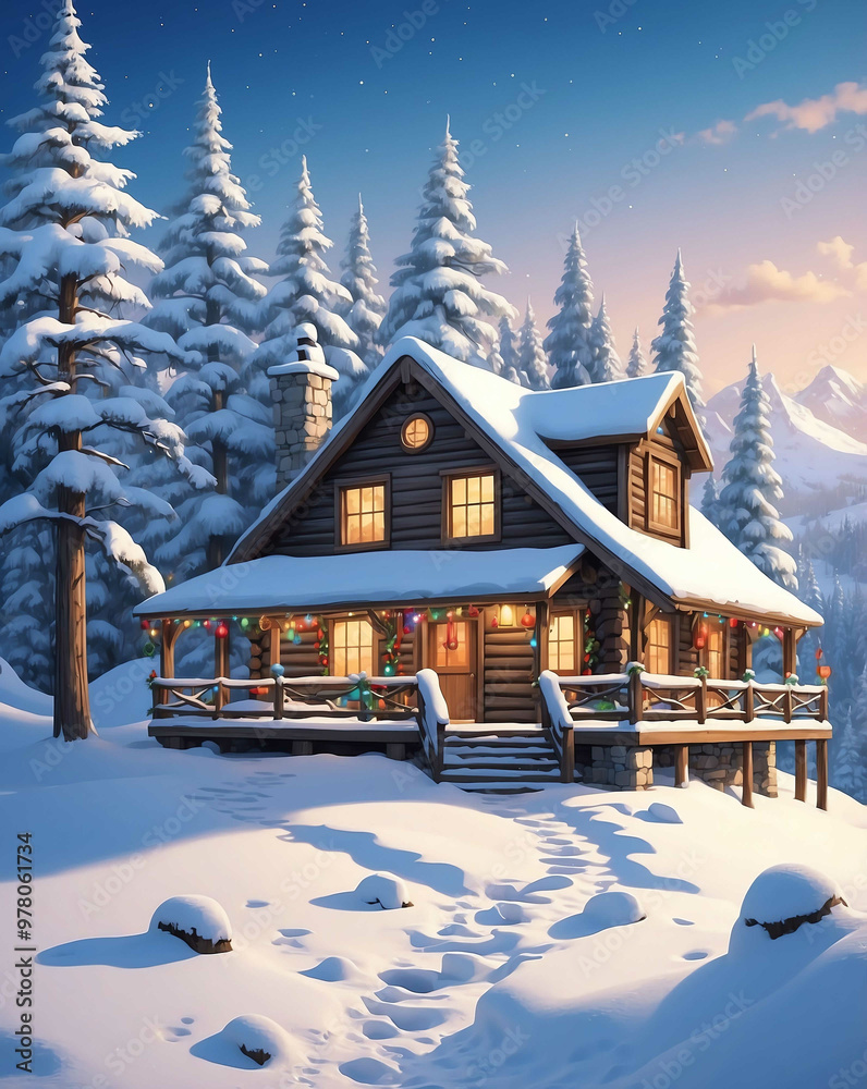 Poster snow covered cabin with holiday decorations in winter christmas