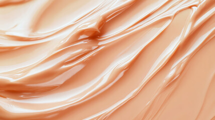 Fototapeta premium A creamy, liquid foundation texture in a warm, peachy tone. The background features smooth, flowing lines and a slightly reflective surface, highlighting the rich, luxurious quality of the cream.