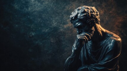 Obraz premium Bronze statue of bearded man in deep thought with hand on chin, dark textured background