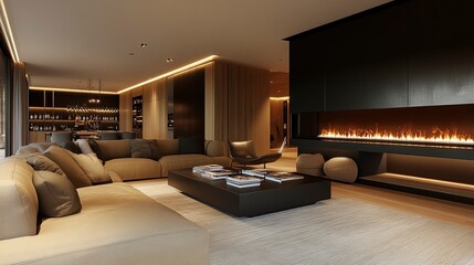 Living room with a fireplace, sofa and armchairs, coffee table with magazines, soft warm lighting