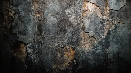 Obraz premium A dark, worn concrete wall with deep, jagged cracks and patches of discoloration. The surface is rough and textured, with visible signs of aging, creating a gritty urban look.