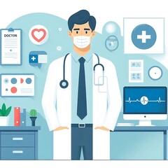 A flat-style illustration of a doctor standing confidently in medical attire. Perfect for healthcare, medical services, and wellness content. Clean, minimalistic design with a professional look.