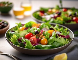 Refreshing gluten-free salads with depth of field highlighting fresh greens and nutritious toppings