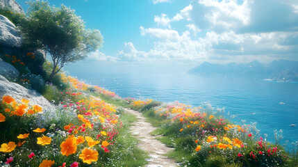 Naklejka premium Sunny Day Landscape with a Stone Path Through Wildflowers