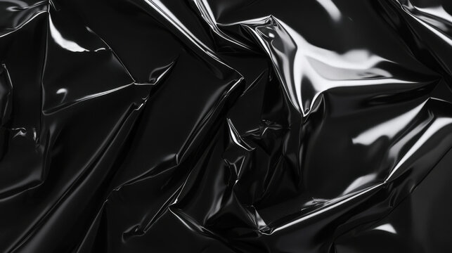 A glossy black plastic poster with deep folds and jagged creases. The crumpled surface gleams with intense reflections, offering a sleek, modern texture.