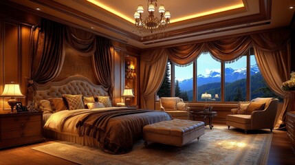 Master suite with a sitting area, armchairs, and a coffee table, large windows with curtains, soft evening lighting