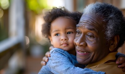 Fototapeta premium A smiling grandparent holds their grandchild closely, showcasing a loving bond. The gentle sunlight highlights their faces, creating a heartwarming scene