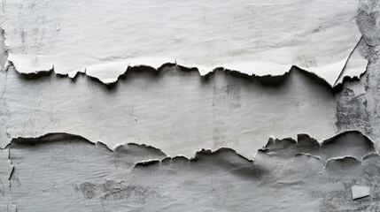 Obraz premium A grungy, weathered paper poster with torn sections revealing light gray paper. The texture includes rough, jagged edges, visible smudges, and creases for a raw, urban atmosphere.