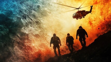 Fototapeta premium Three firefighters in action with helicopter amid intense smoke and flames