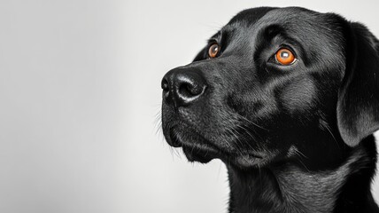 Black dog with striking orange eyes looks off into distance
