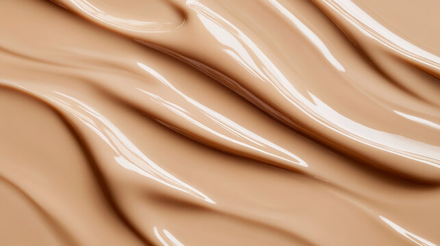 A liquid foundation texture with a soft, creamy consistency in a natural tan shade. The background shows gentle, flowing lines and gradients, with a glossy, slightly reflective surface.
