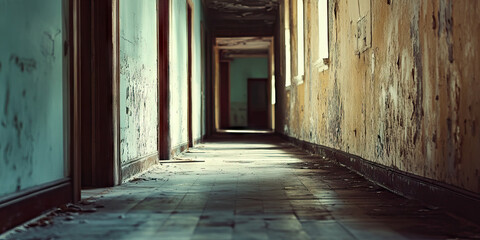 Fototapeta premium Hollow Echoes of Emptiness: An abandoned hallway, reverberating with the silence of forgotten promises and unheard whispers.