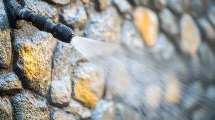 An old, graffiti-covered wall being revitalized by a pressure washer, paint and dirt washing away into clear puddles, revealing fresh stone