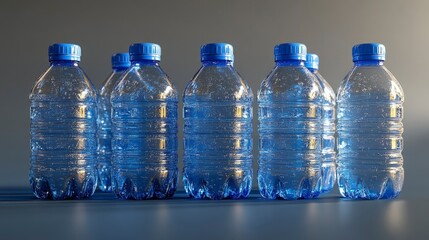 Plastic recycling container with a blue lid, filled with plastic bottles, community area, bright natural lighting