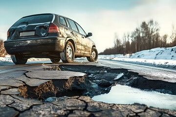 A car shows visible damage on a cracked, potholeridden road during winter, underscoring the need for urgent road repairs due to hazardous conditions