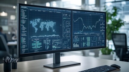 Fototapeta premium Real estate analytics software interface, graphs showing property trends, agent reviewing market data, bright office lighting