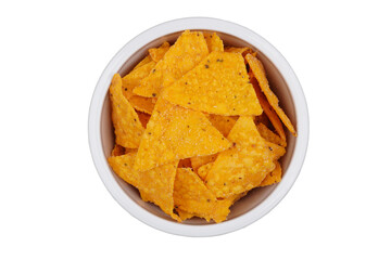 Nacho chips in white bowl isolated transparent