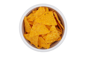 Nacho chips in white bowl isolated transparent