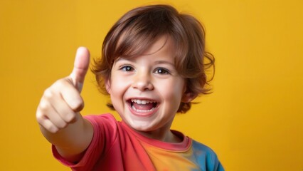 Smiling young child curly hair giving thumbs up gesture showing happiness approval. AI generated