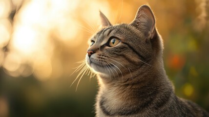 Fototapeta premium Tabby cat gazes into sunset with golden background