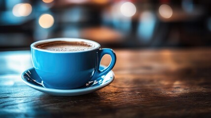 Obraz premium Steaming blue mug of coffee on wooden table in cafe