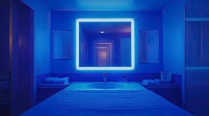 Smart mirror with touch interface, weather and time display, sleek glass surface, bright vanity lighting