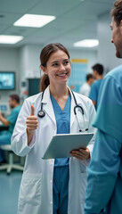 Dedicated female doctor discusses medical research findings with a colleague in a lab setting, showcasing teamwork and innovation. For healthcare articles, medical presentations, and research promo