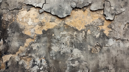 Obraz premium A weathered concrete wall with deep cracks and rough patches of discoloration. The surface is heavily textured, with visible damage from the elements, creating an aged, industrial look.