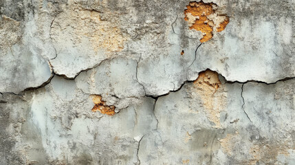 Obraz premium A weathered concrete wall with deep cracks and rough patches of discoloration. The surface is heavily textured, with visible damage from the elements, creating an aged, industrial look.