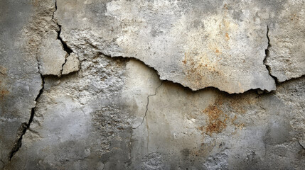 Obraz premium A worn concrete wall with deep vertical cracks and rough patches. The surface is uneven, with darker areas where dirt has accumulated over time, giving the wall an industrial, aged appearance.