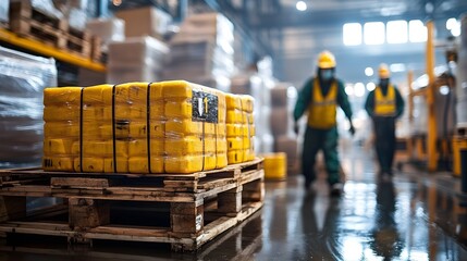 Industrial pallet loaded with hazardous materials, detailed safety signs, workers in protective gear handling with caution, bright warehouse lighting