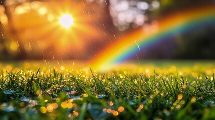 Spring rain in a meadow, fresh green grass, rainbows forming, bright afternoon lighting