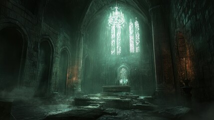 Sunbeams Illuminating a Stone Altar in a Dark, Ancient Cathedral