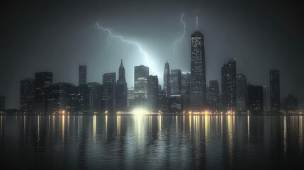 Fototapeta premium Thunderstorm over a city skyline, lightning flashing, skyscrapers silhouetted, dramatic dark lighting