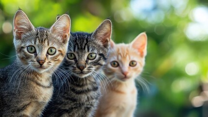 Three kittens sitting closely outdoors with green foliage in background