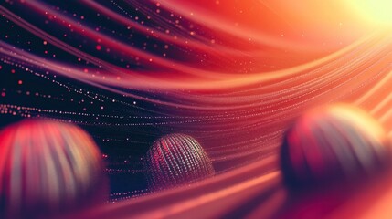 Glowing red waveforms and spheres on dark background symbolize movement and connectivity.