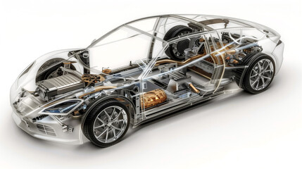 3D cutaway car model shows visible engine, internal structure, and components. AI generated