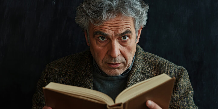 Approachable Educator: A man with graying hair, wearing a tweed jacket and holding a book open to a page.