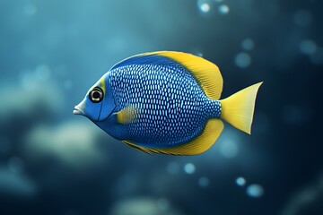 Yellow tang fish swimming in a tropical aquarium surrounded by colorful coral reefs