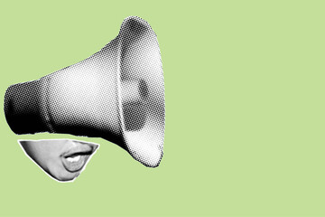 loudspeakaer with a screaming mouth collage pixelate grayscale color halftone dotted texture style element isolated on green background