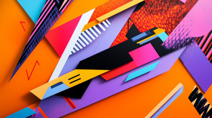 A bold flat geometric design with sharp, angular lines and triangles in vibrant neon hues, arranged in a dynamic, high-energy composition that suggests movement and excitement.