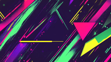 A bold flat geometric pattern with sharp diagonal lines and triangles in neon hues of green, pink, and purple, creating a high-energy, futuristic vibe.