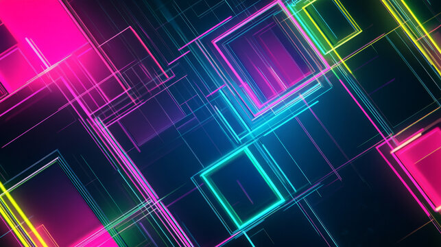 A bold geometric background with intersecting squares and lines in neon colors