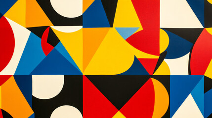 A bold geometric pattern with overlapping shapes in bright primary colors, arranged symmetrically to form a striking, playful design with sharp lines and angles.