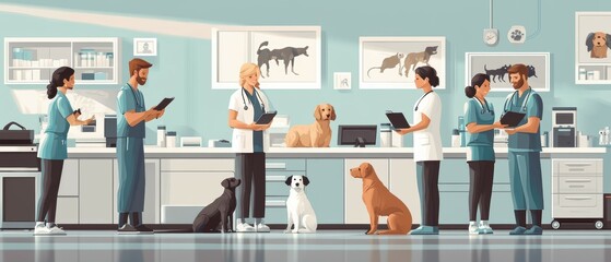 Busy veterinary clinic with staff tending to multiple animals