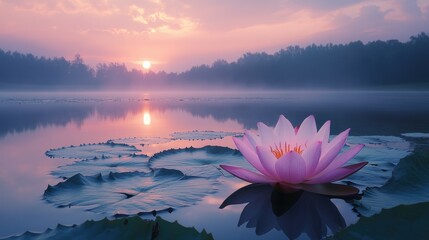 Lotus flower emerging from a serene pond at sunrise