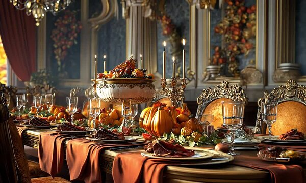 Lavish Thanksgiving table setting with autumn decor with ai generated.
