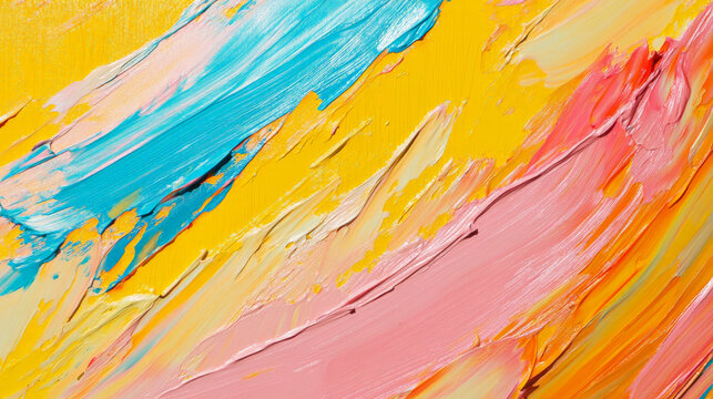 A bright and lively oil paint texture with strokes of sunny yellow, sky blue, and coral pink, creating a joyful and energetic design.